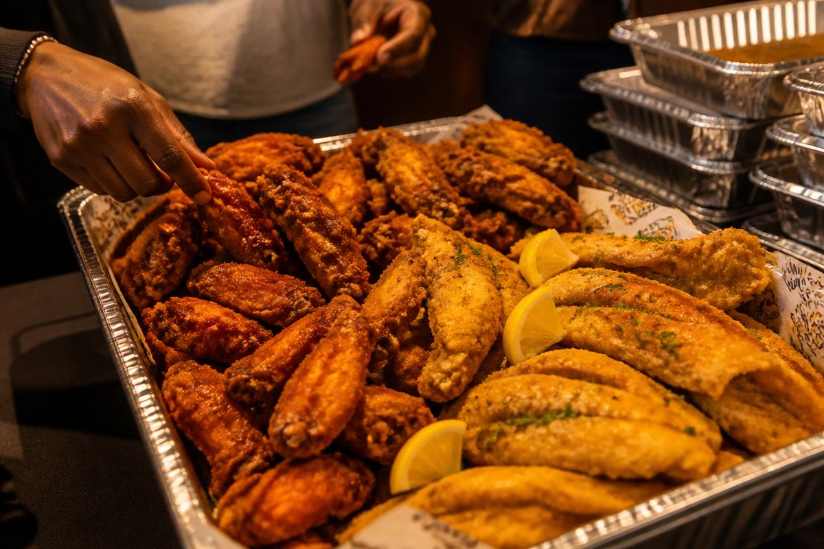 Illustrative catering tray of fried wings and fish